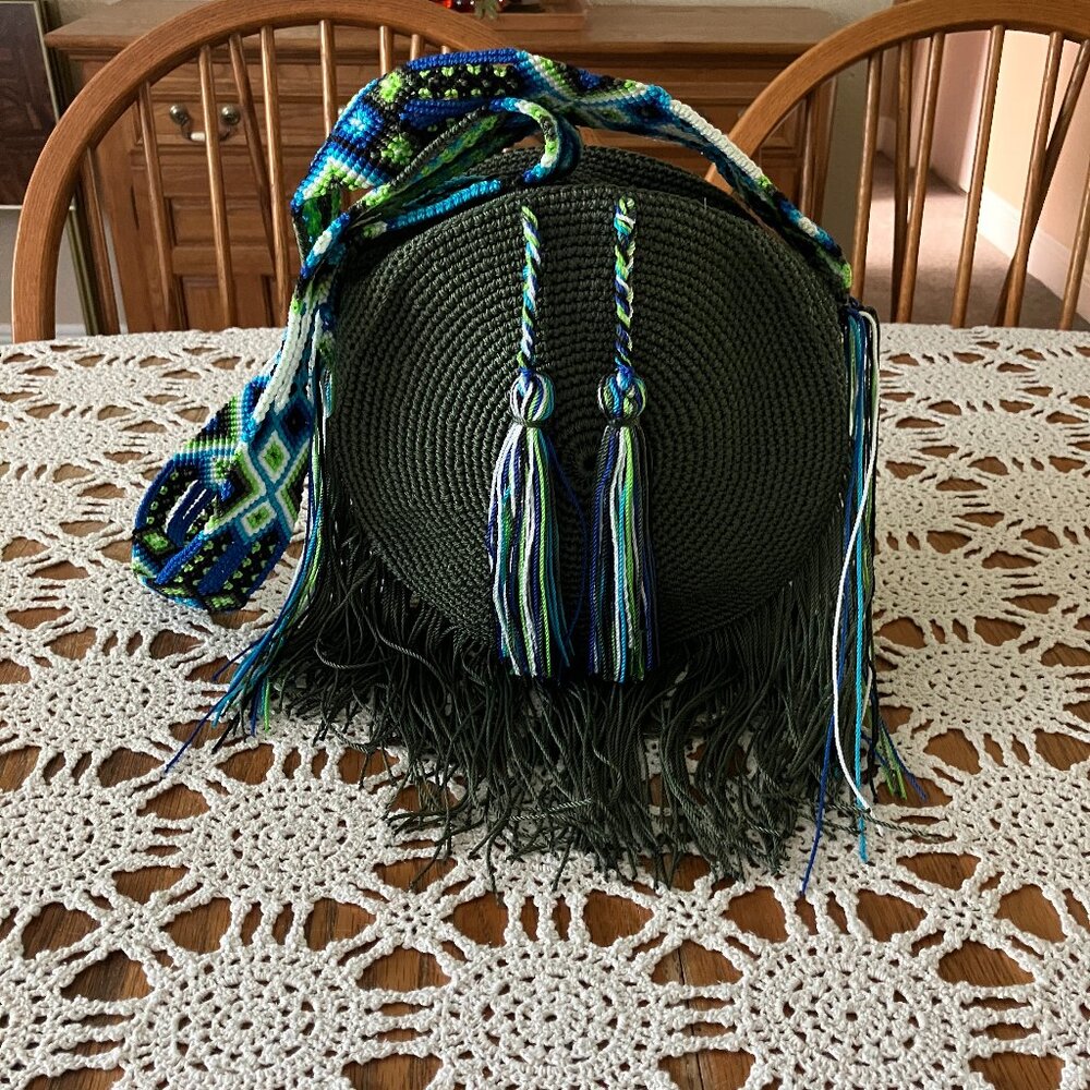 Mexican Greens & Blues Hand Knit Strap Colorful Mexican Boho-Hippie Round Bag
